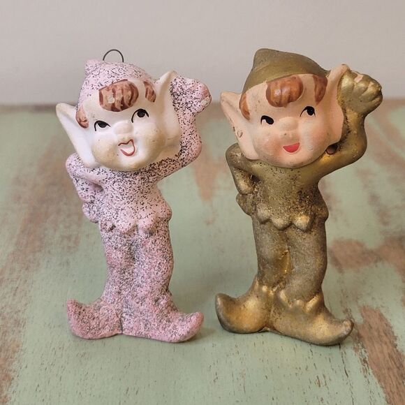 Vintage 1960's Mica Glitter Commodore Christmas Pixie Elf Pair - Picture 10 of 12